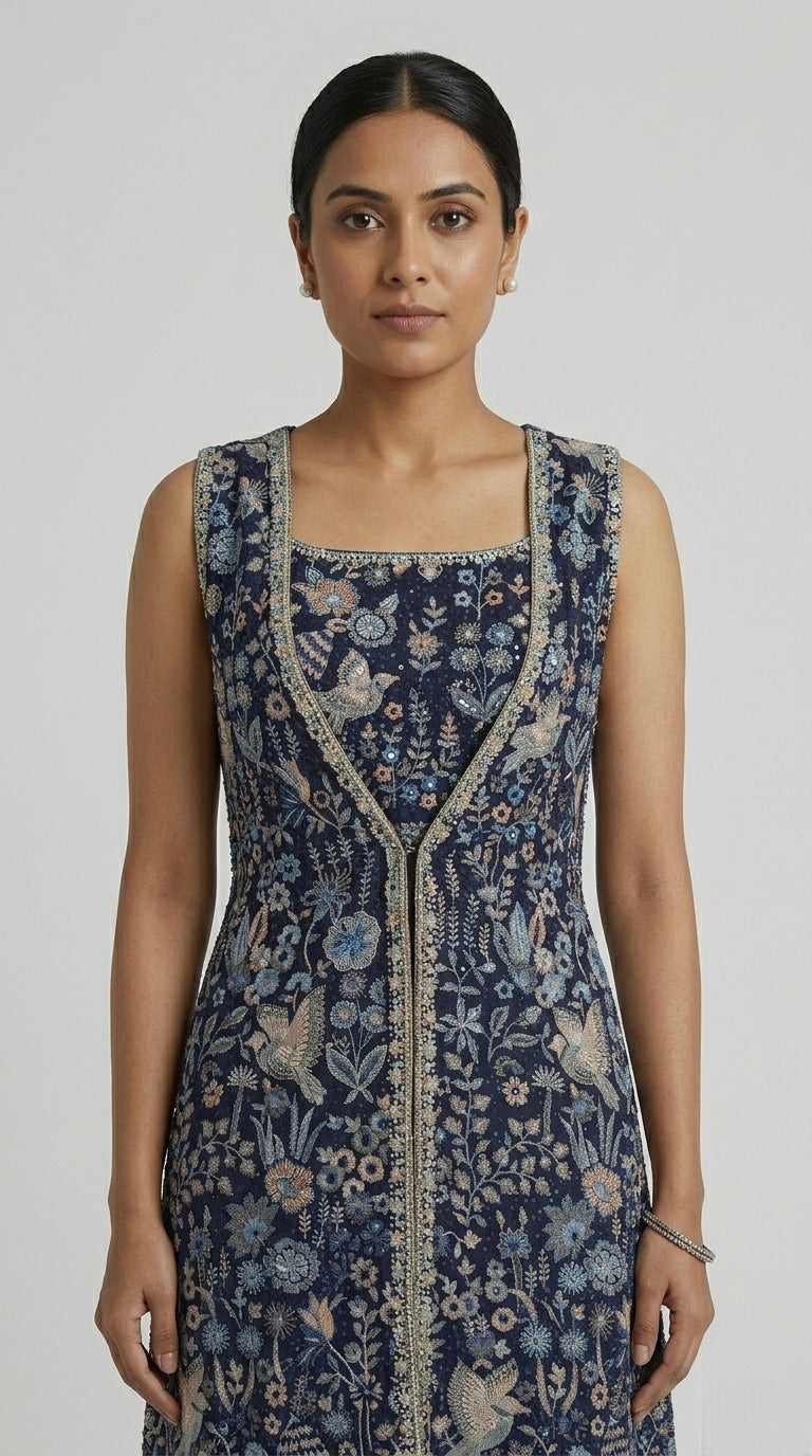 NAVY BLUE SEQUINS EMBROIDERED JACKET SET
