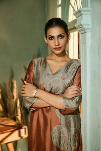 BURNT ORANGE PRINTED SILK KURTA SET | Nishly Fashion House