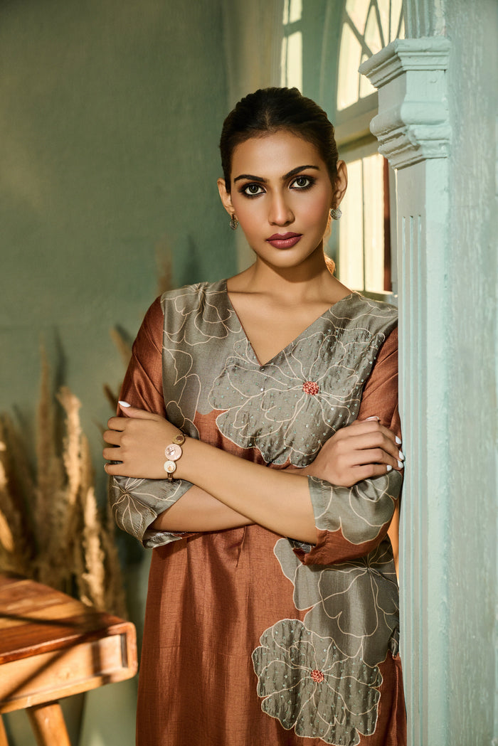 BURNT ORANGE PRINTED SILK KURTA SET | Nishly Fashion House