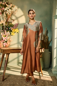 BURNT ORANGE PRINTED SILK KURTA SET | Nishly Fashion House