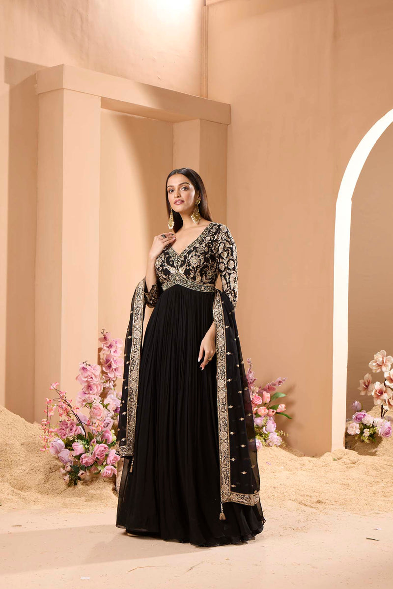 BLACK EMBROIDERED GEORGETTE ANARKALI SUIT