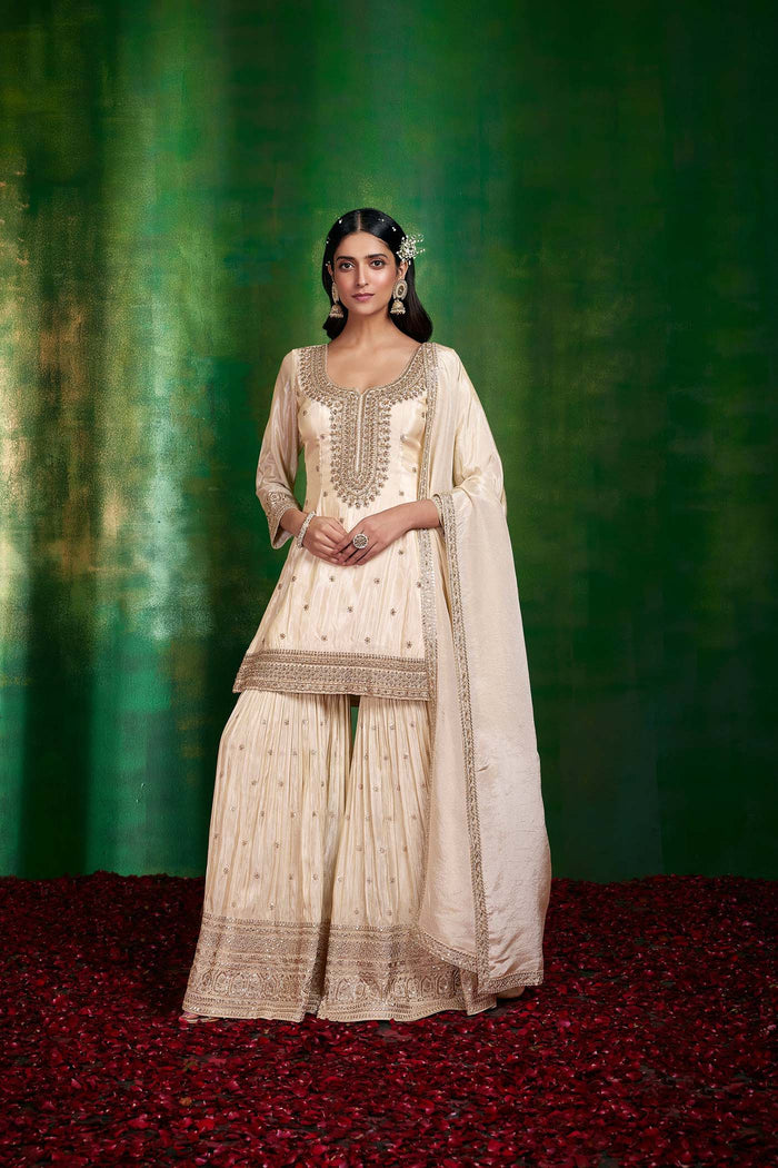 CREAM EMBROIDERED SHARARA SUIT