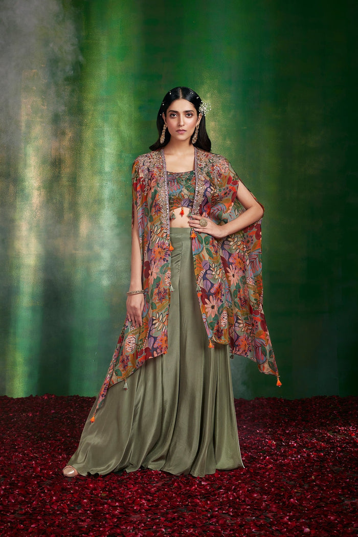 Green Indowestern Sharara Set With A Embroidered Cape