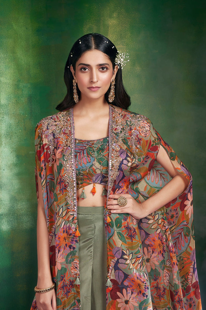 Green Indowestern Sharara Set With A Embroidered Cape