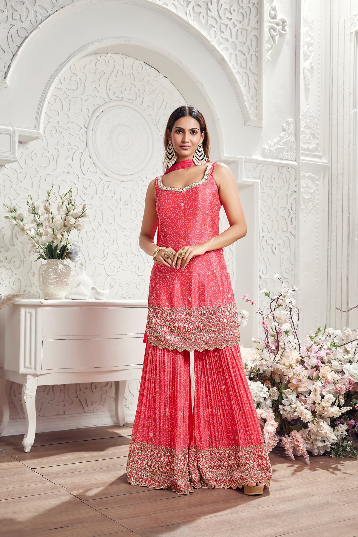 PINK EMBROIDERED BANDHANI PRINT SHARARA SET | Nishly Fashion House