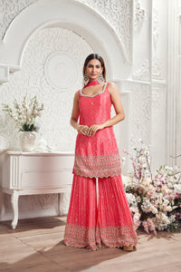 PINK EMBROIDERED BANDHANI PRINT SHARARA SET | Nishly Fashion House