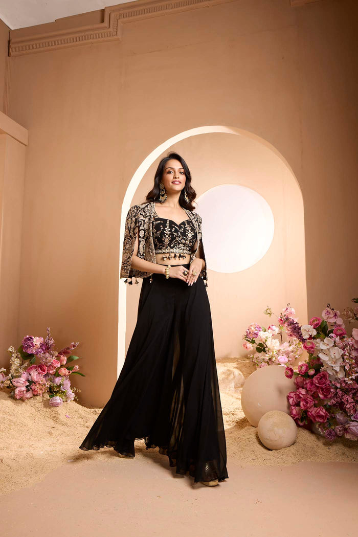 BLACK GEORGETTE MIRROR EMBROIDERED SHARARA SUIT