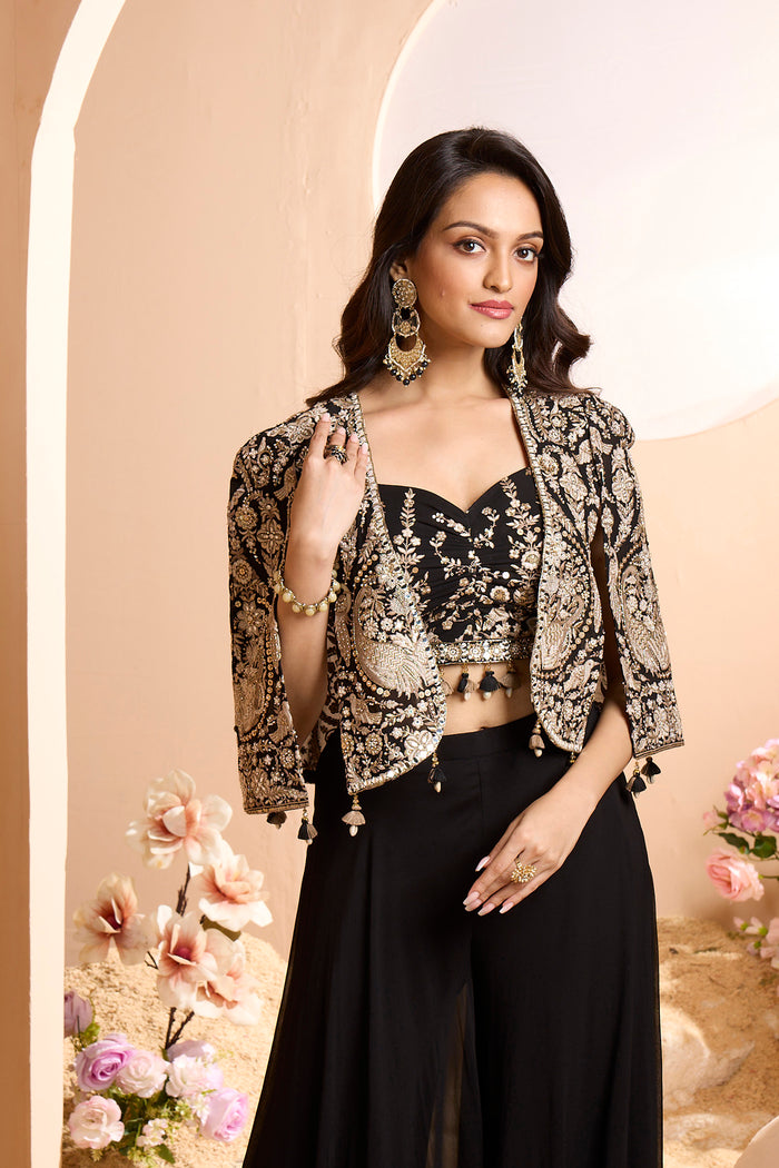 BLACK GEORGETTE MIRROR EMBROIDERED SHARARA SUIT