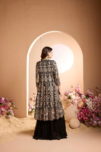 BLACK GEORGETTE SHARARA SUIT WITH EMBROIDERED CAPE