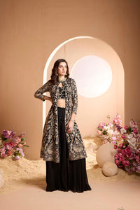 BLACK GEORGETTE SHARARA SUIT WITH EMBROIDERED CAPE