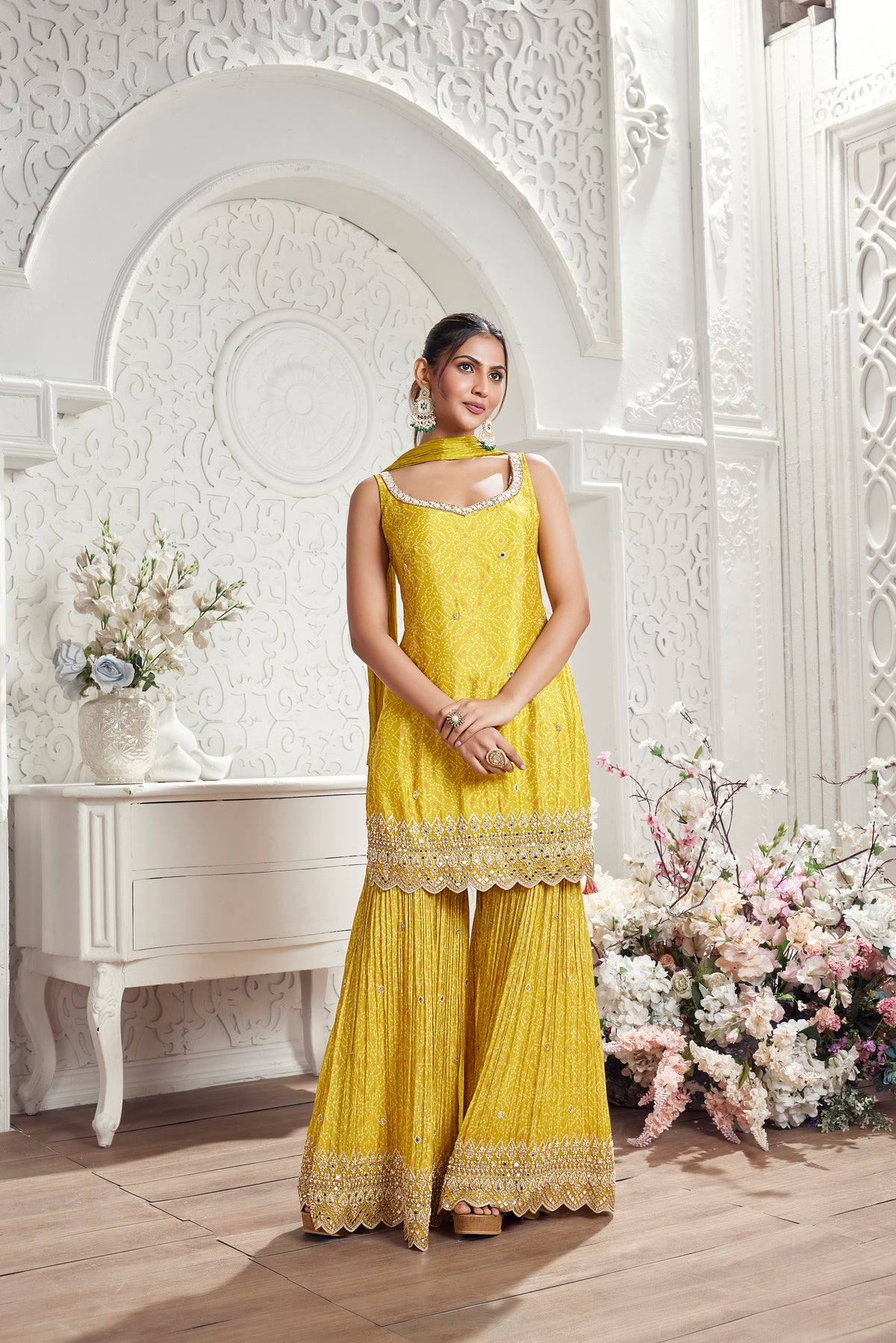 YELLOW EMBROIDERED BANDHANI PRINT SHARARA SET | Nishly Fashion House