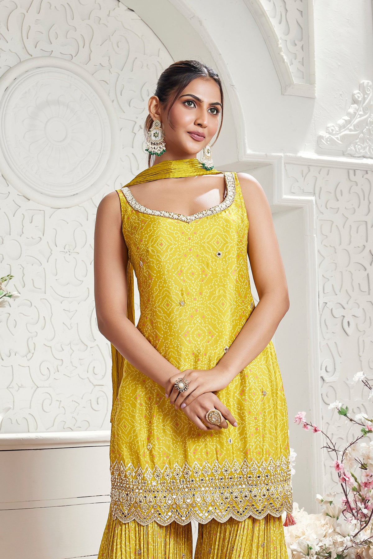 YELLOW EMBROIDERED BANDHANI PRINT SHARARA SET | Nishly Fashion House