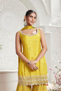 YELLOW EMBROIDERED BANDHANI PRINT SHARARA SET | Nishly Fashion House