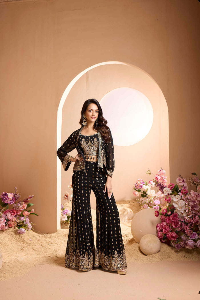 BLACK GEORGETTE MIRROR EMBROIDERED SHARARA SUIT.