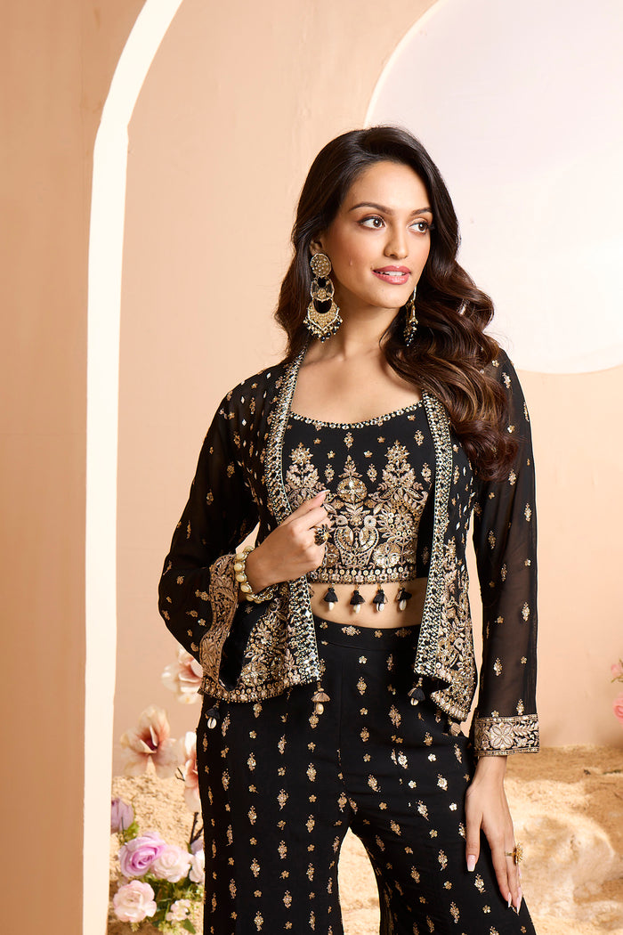 BLACK GEORGETTE MIRROR EMBROIDERED SHARARA SUIT.