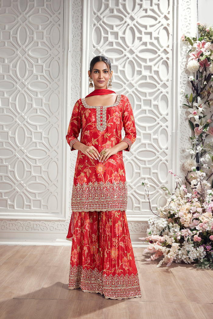 RED FLORAL PRINT CHINON SHARARA SET | Nishly Fashion House