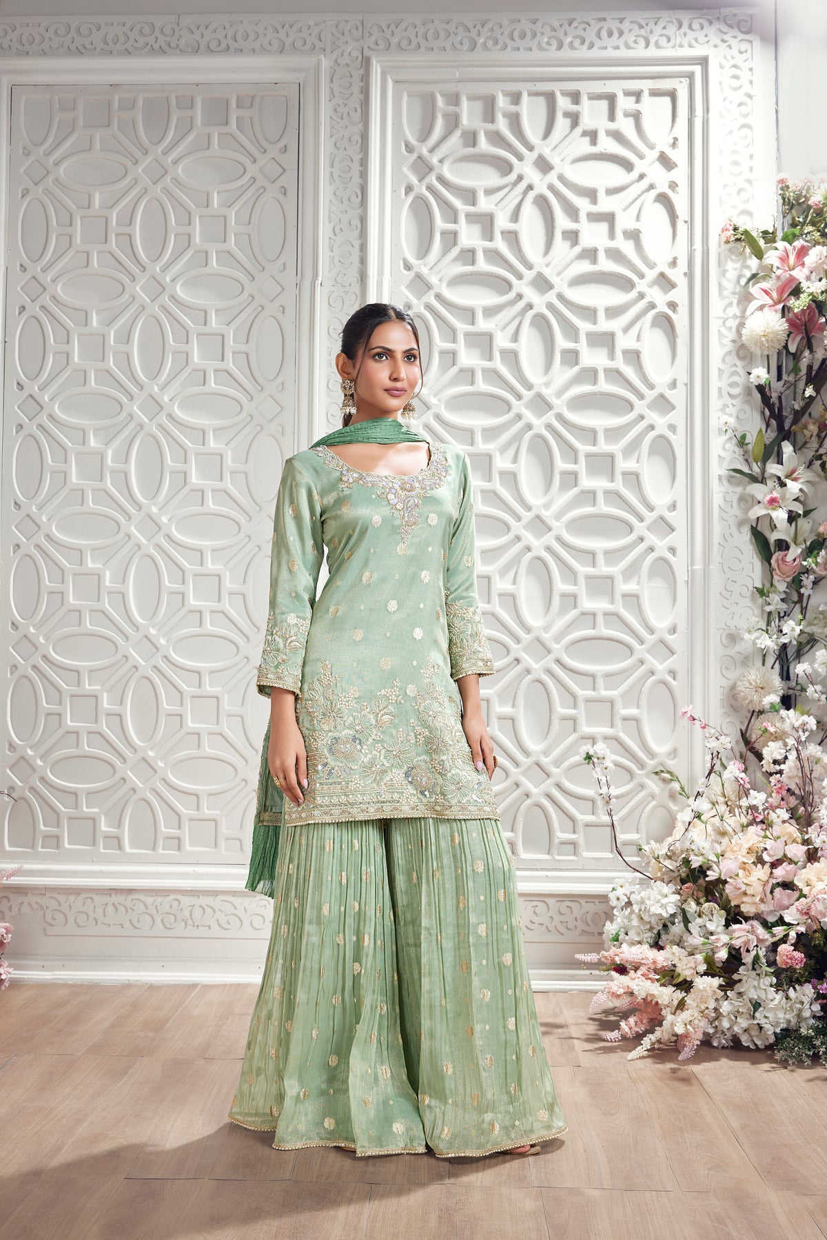 GREEN EMBROIDERED TISSUE SILK SHARARA SET WITH BANARASI MOTIFS | Nishly Fashion House