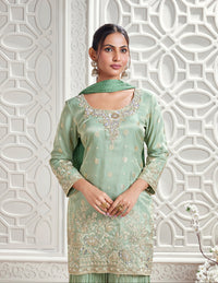 GREEN EMBROIDERED TISSUE SILK SHARARA SET WITH BANARASI MOTIFS | Nishly Fashion House
