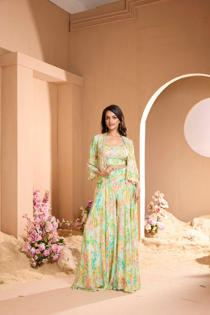 GREEN PRINTED MIRROR EMBROIDERED SHARARA SUIT