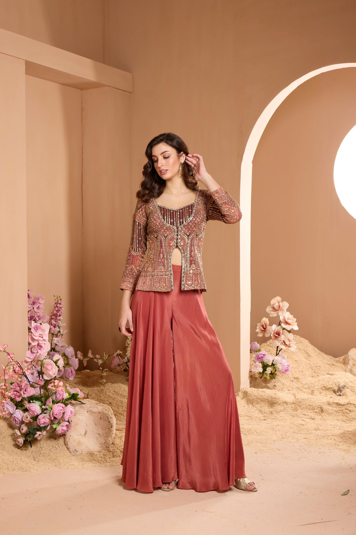 BROWN SHARARA SET WITH EMBELLISHED LONG TOP