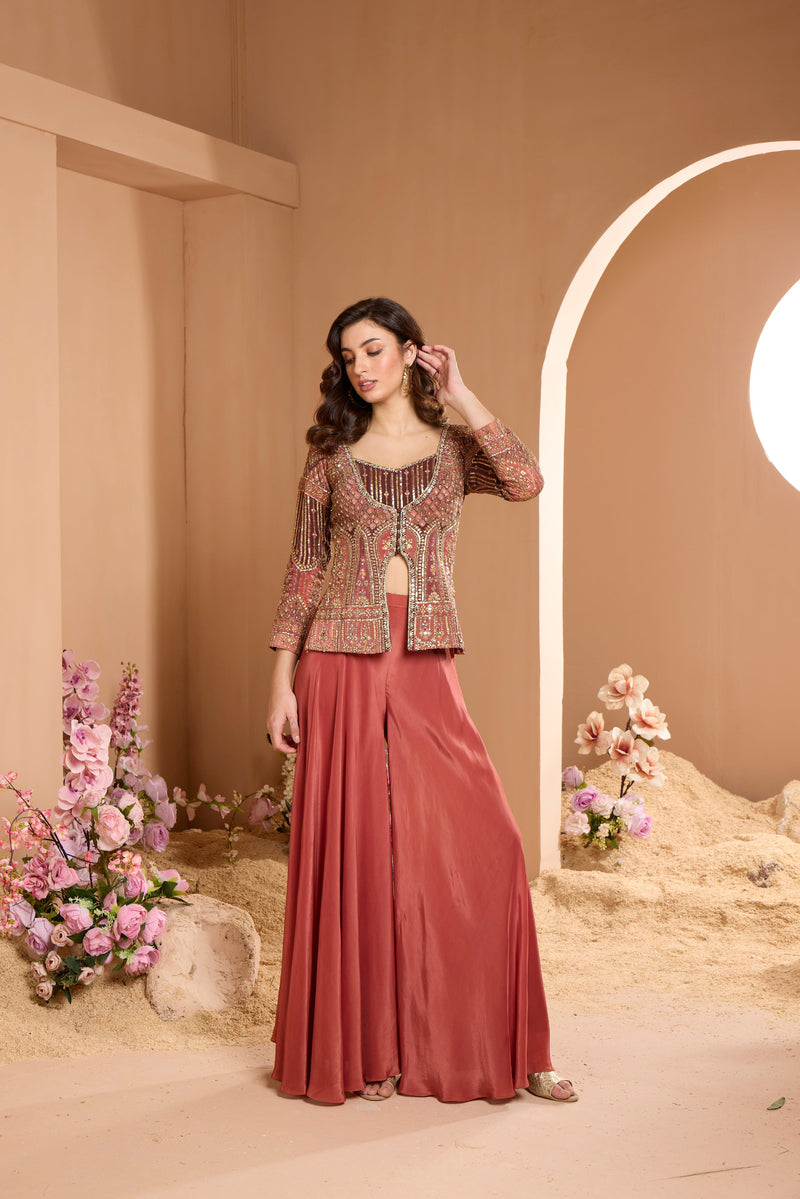 BROWN SHARARA SET WITH EMBELLISHED LONG TOP
