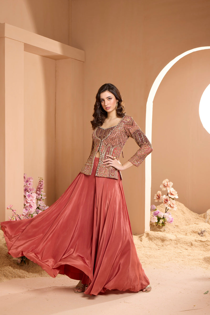 BROWN SHARARA SET WITH EMBELLISHED LONG TOP