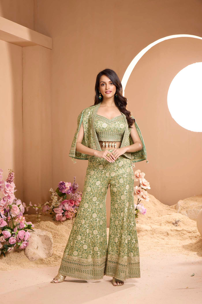 GREEN BANARASI SILK EMBROIDERED SHARARA SET