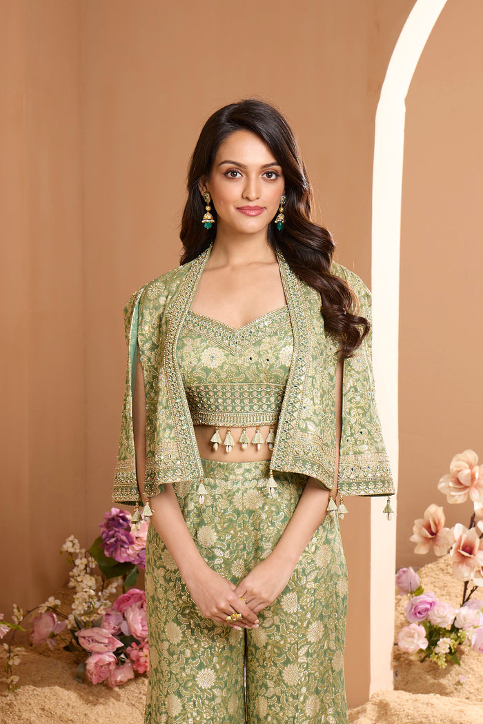 GREEN BANARASI SILK EMBROIDERED SHARARA SET
