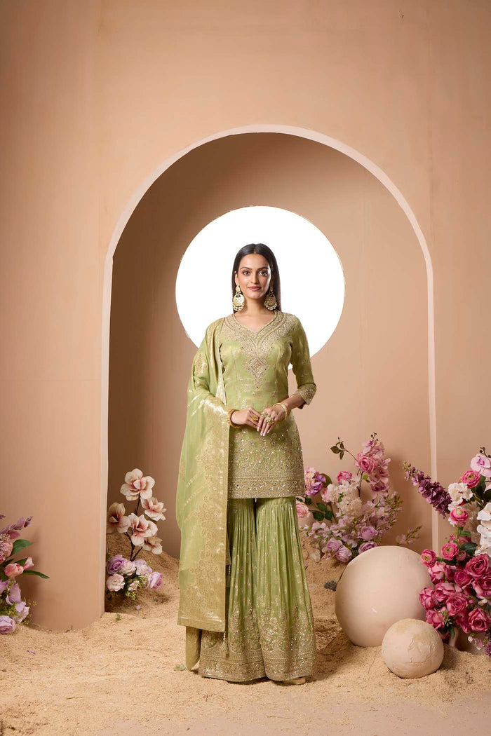 GREEN TISSUE SILK EMBROIDERED SHARARA SUIT