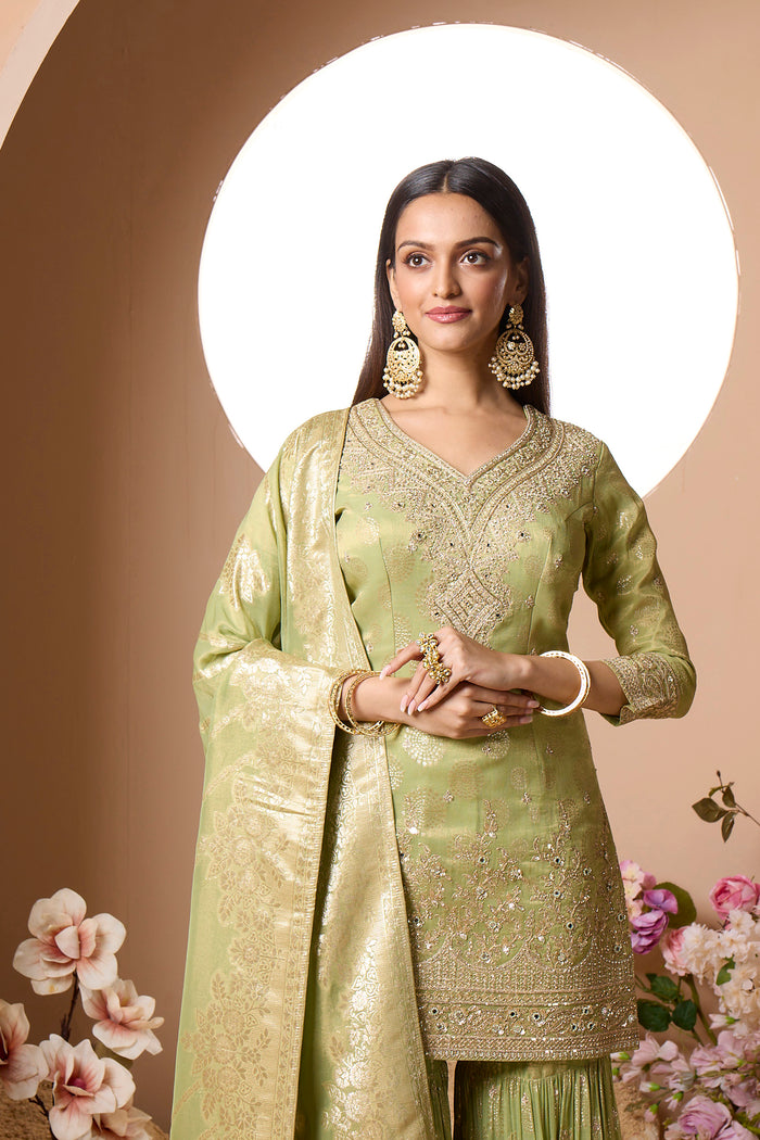 GREEN TISSUE SILK EMBROIDERED SHARARA SUIT