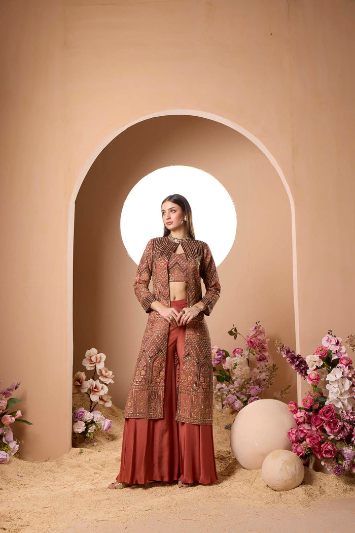 BROWN CREPE SHARARA SET WITH EMBROIDERED JACKET