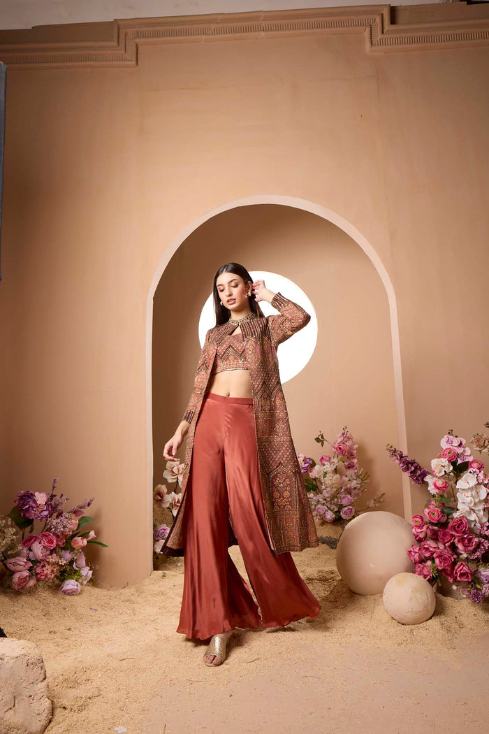 BROWN CREPE SHARARA SET WITH EMBROIDERED JACKET