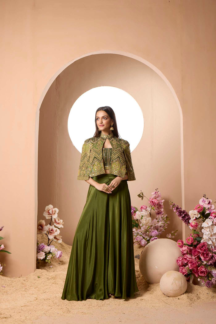 GREEN CREPE SHARARA SET WITH EMBROIDERED CAPE