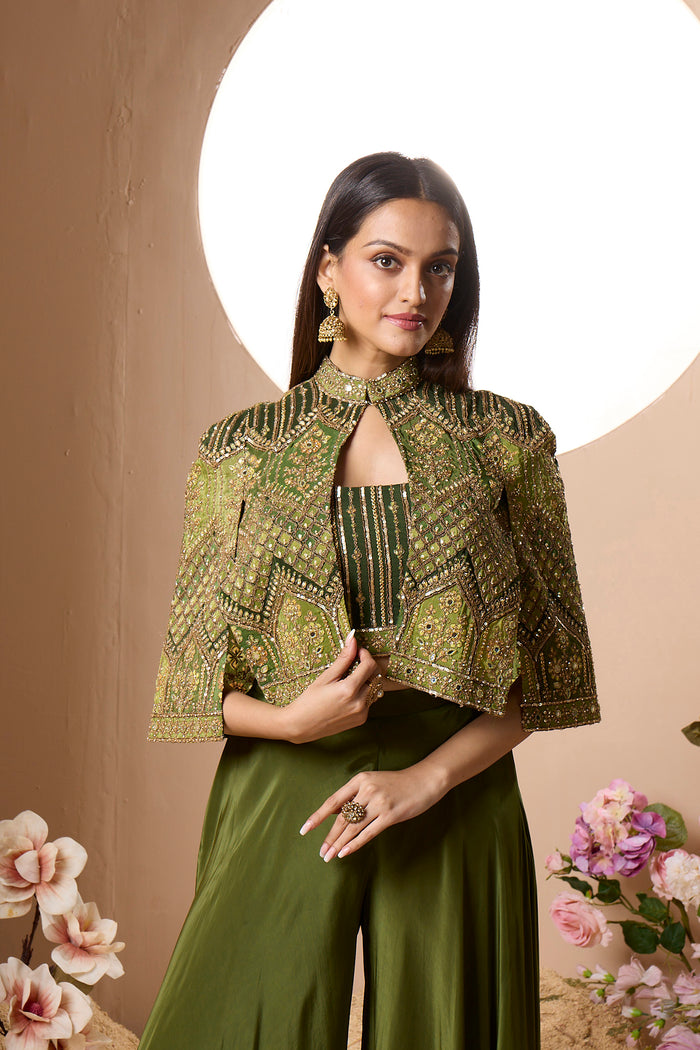 GREEN CREPE SHARARA SET WITH EMBROIDERED CAPE