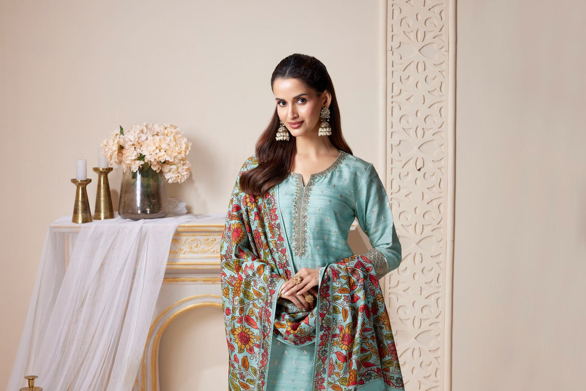 BLUE SILK EMBROIDERED KURTA SET WITH KALAMKARI PRINT DUPATTA