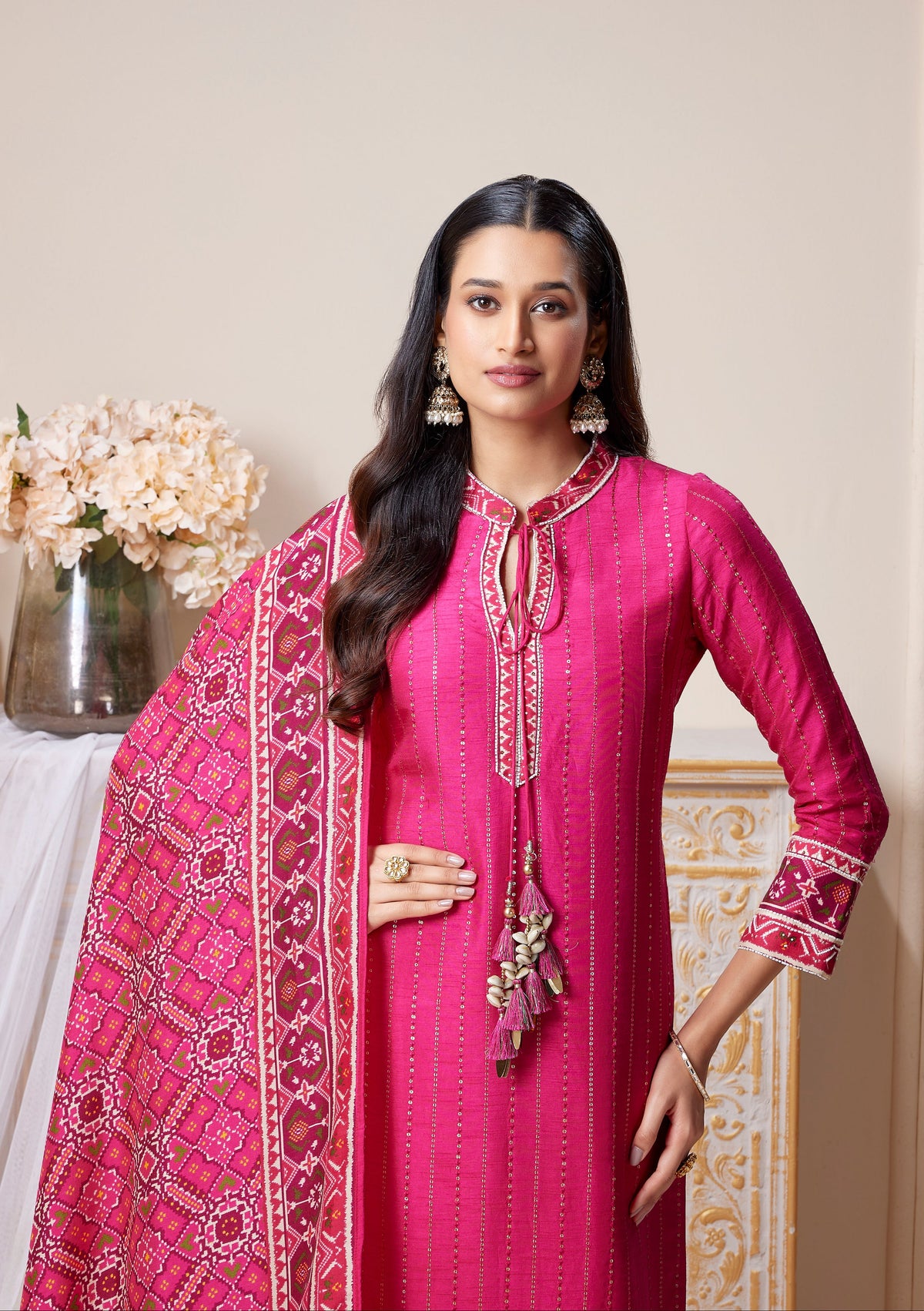PINK SEQUINS EMBROIDERED PATOLA SILK KURTA SET | Nishly Fashion House