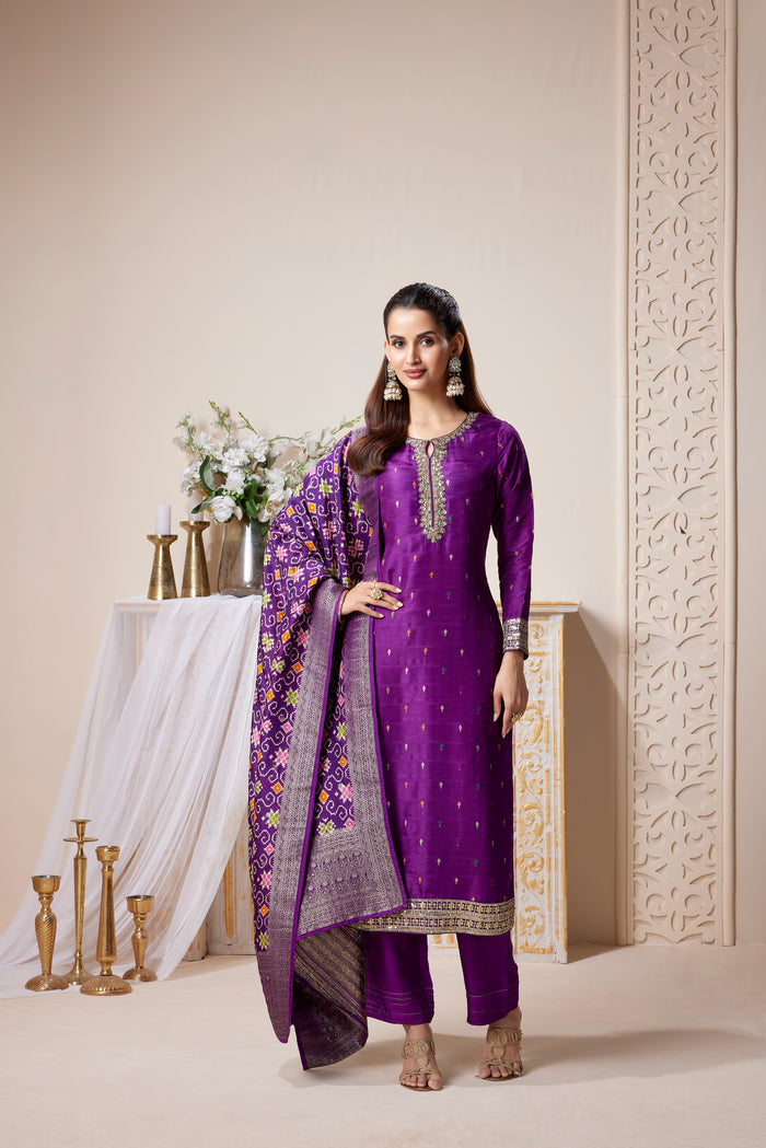 PURPLE EMBROIDERED KURTA SET WITH PATOLA PRINT DUPATTA | Nishly Fashion House