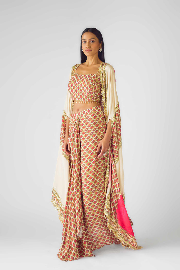 IVORY SILK PRINTED CAPE STYLE AND PLEATED SKIRT SET