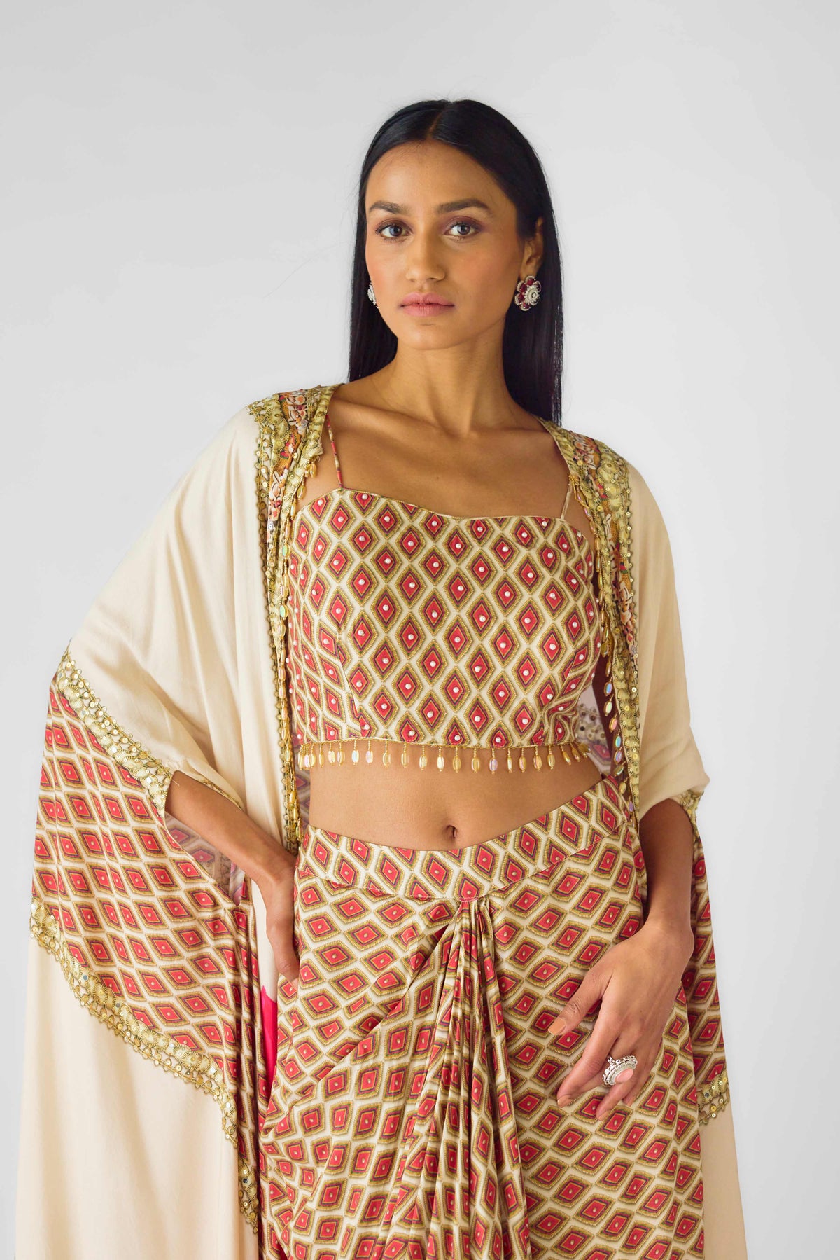 IVORY SILK PRINTED CAPE STYLE AND PLEATED SKIRT SET