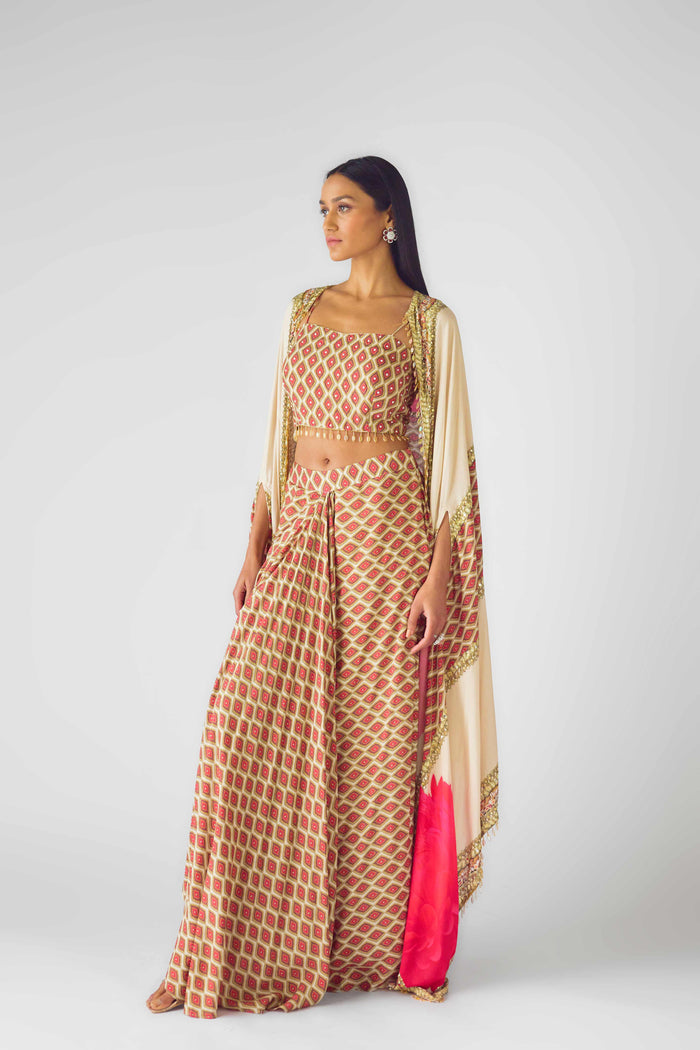 IVORY SILK PRINTED CAPE STYLE AND PLEATED SKIRT SET