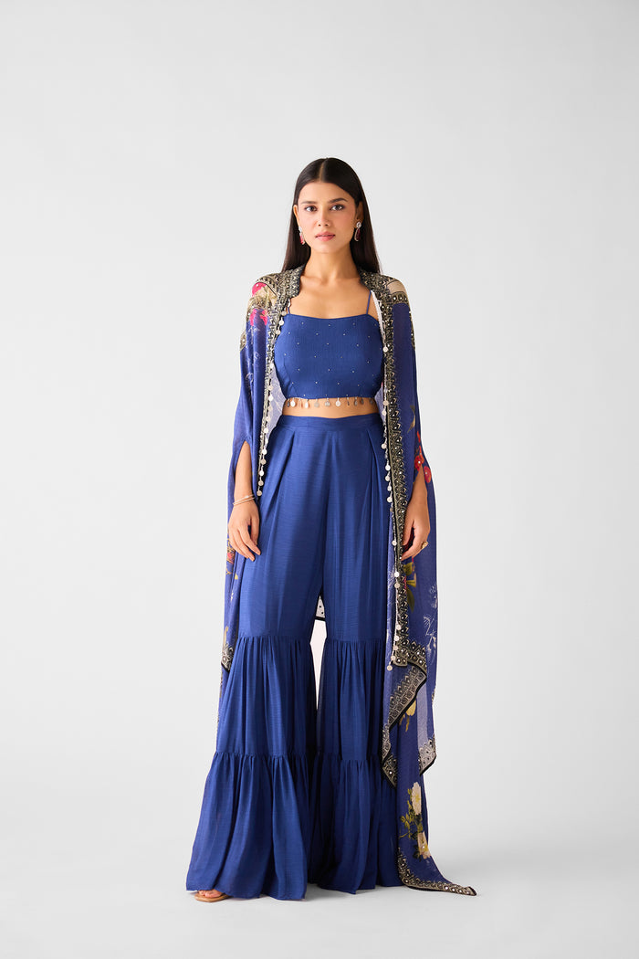 BLUE CHINON CAPE & SHARARA SET