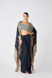 BLACK PRINTED CAPE & COWL SKIRT SET