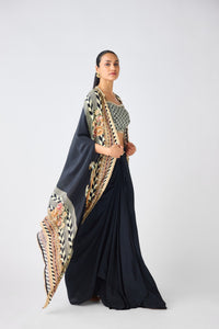 BLACK PRINTED CAPE & COWL SKIRT SET