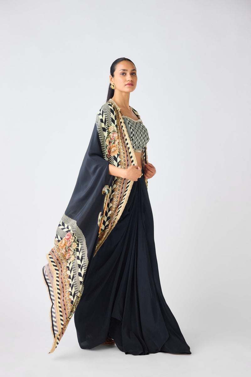 BLACK PRINTED CAPE & COWL SKIRT SET
