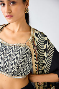 BLACK PRINTED CAPE & COWL SKIRT SET