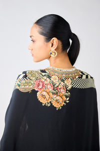 BLACK PRINTED CAPE & COWL SKIRT SET