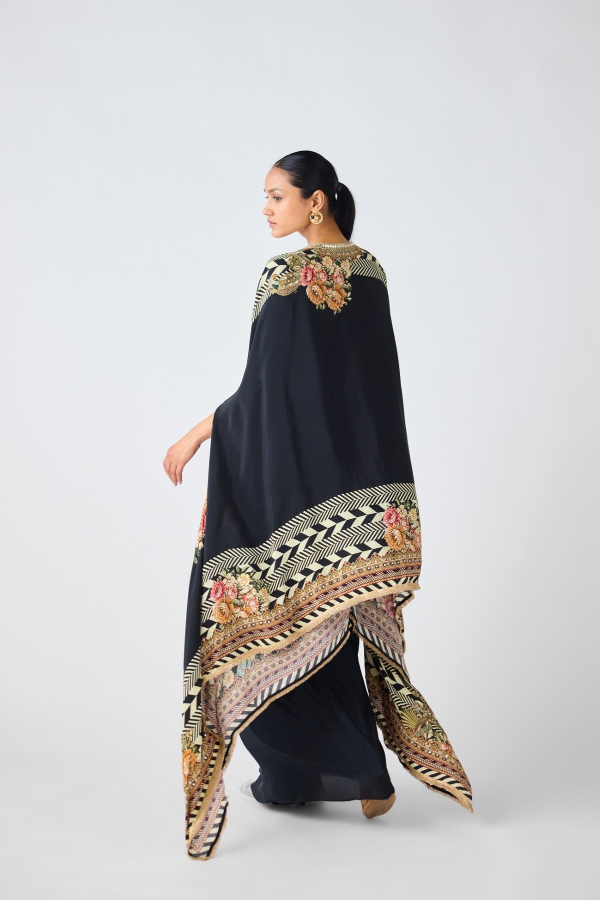 BLACK PRINTED CAPE & COWL SKIRT SET