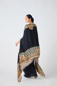 BLACK PRINTED CAPE & COWL SKIRT SET