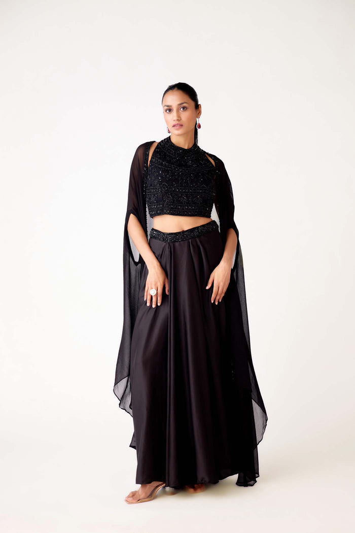 BLACK SATIN EMBROIDERED CAPE SET