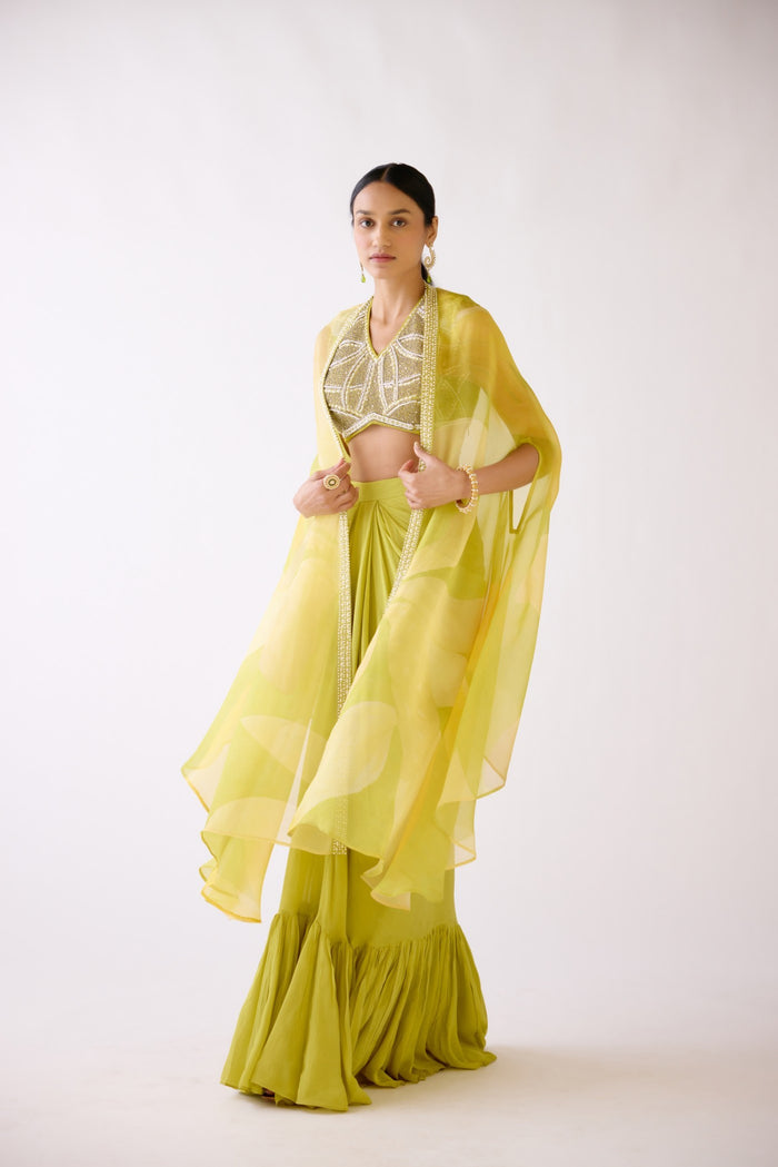 YELLOW EMBROIDERED CAPE & COWL SKIRT SET